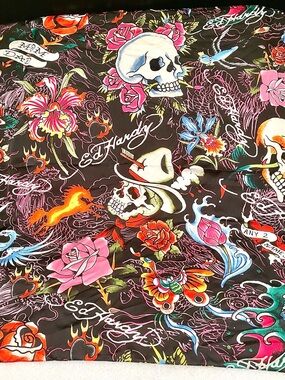 Ed Hardy Scarf 42x42 Skull Rose Tattoo Print Silk Feel Square Wrap NWT